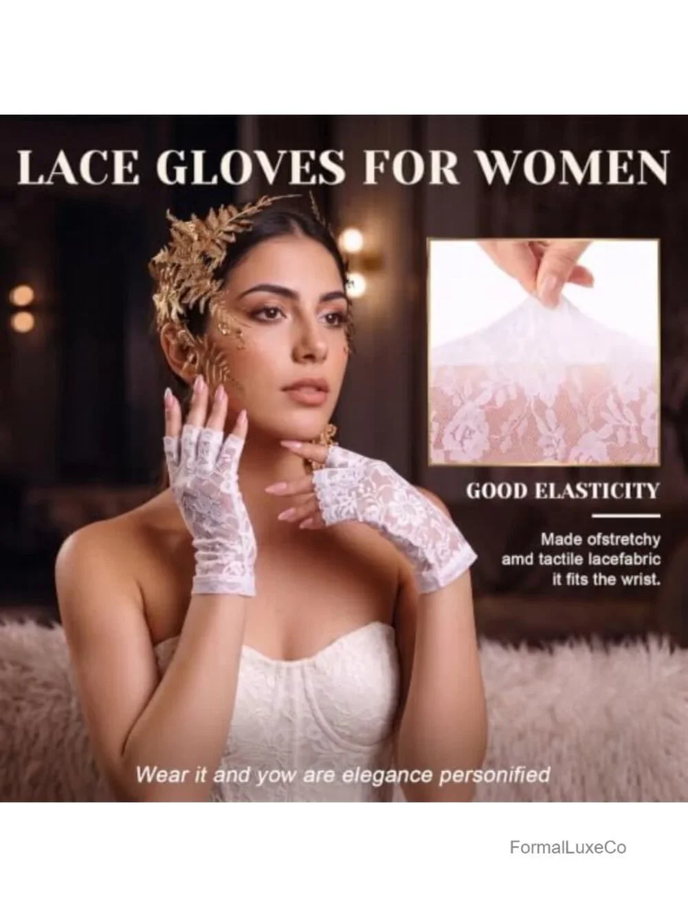 Lace Gloves for Women 1920s Bridal Short Floral Wedding Opera Tea Party